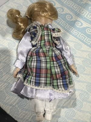 Porcelain Doll Blonde Hair Dress Collectible Display Decor - Thumbnail 3