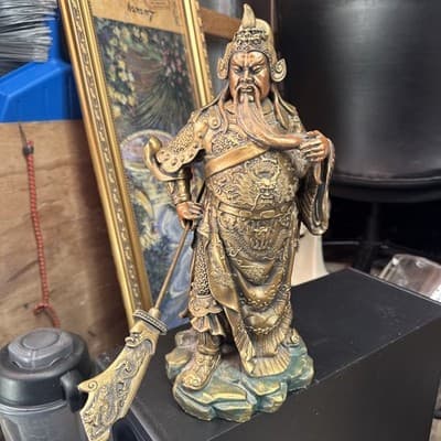 Chinese Feng Shui Pure Bronze Stand Guan Gong Yu Warrior God Dragon Knife Statue - Image 1