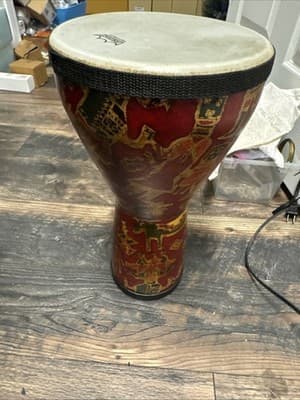 REMO DOUMBEK HAND DRUM-15" LONG,8" HEAD-AFRICAN DESIGNS IN BROWN,TAN-GREAT SHAPE - Image 1