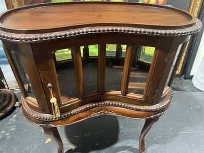 Kidney Shaped Tea / liquor Cabinet Table w/beveled glass & Wood Serving Tray - Thumbnail 2