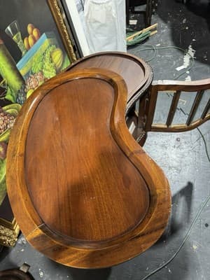 Kidney Shaped Tea / liquor Cabinet Table w/beveled glass & Wood Serving Tray - Thumbnail 5