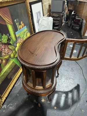 Kidney Shaped Tea / liquor Cabinet Table w/beveled glass & Wood Serving Tray - Thumbnail 3