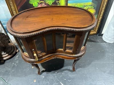 Kidney Shaped Tea / liquor Cabinet Table w/beveled glass & Wood Serving Tray - Image 1