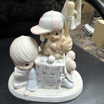 Precious Moments Retired Figurine Mint Boy, Puppy, Baseball, 1989 Christmas Box - Image 1