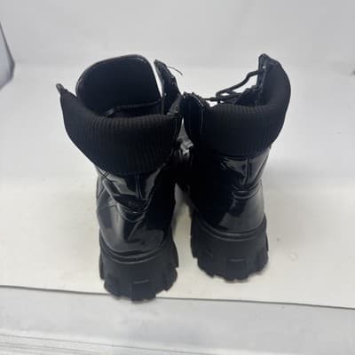 Wild Diva Lounge Black Patent Leather Lace-Up Zip Mid-Calf Combat Boots - Thumbnail 2