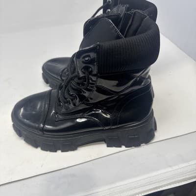 Wild Diva Lounge Black Patent Leather Lace-Up Zip Mid-Calf Combat Boots - Thumbnail 3
