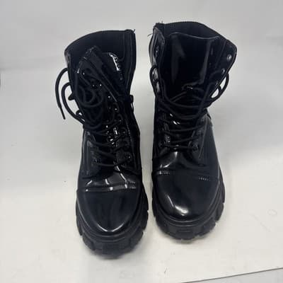 Wild Diva Lounge Black Patent Leather Lace-Up Zip Mid-Calf Combat Boots - Image 1