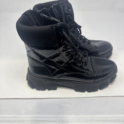 Wild Diva Lounge Black Patent Leather Lace-Up Zip Mid-Calf Combat Boots - Thumbnail 4