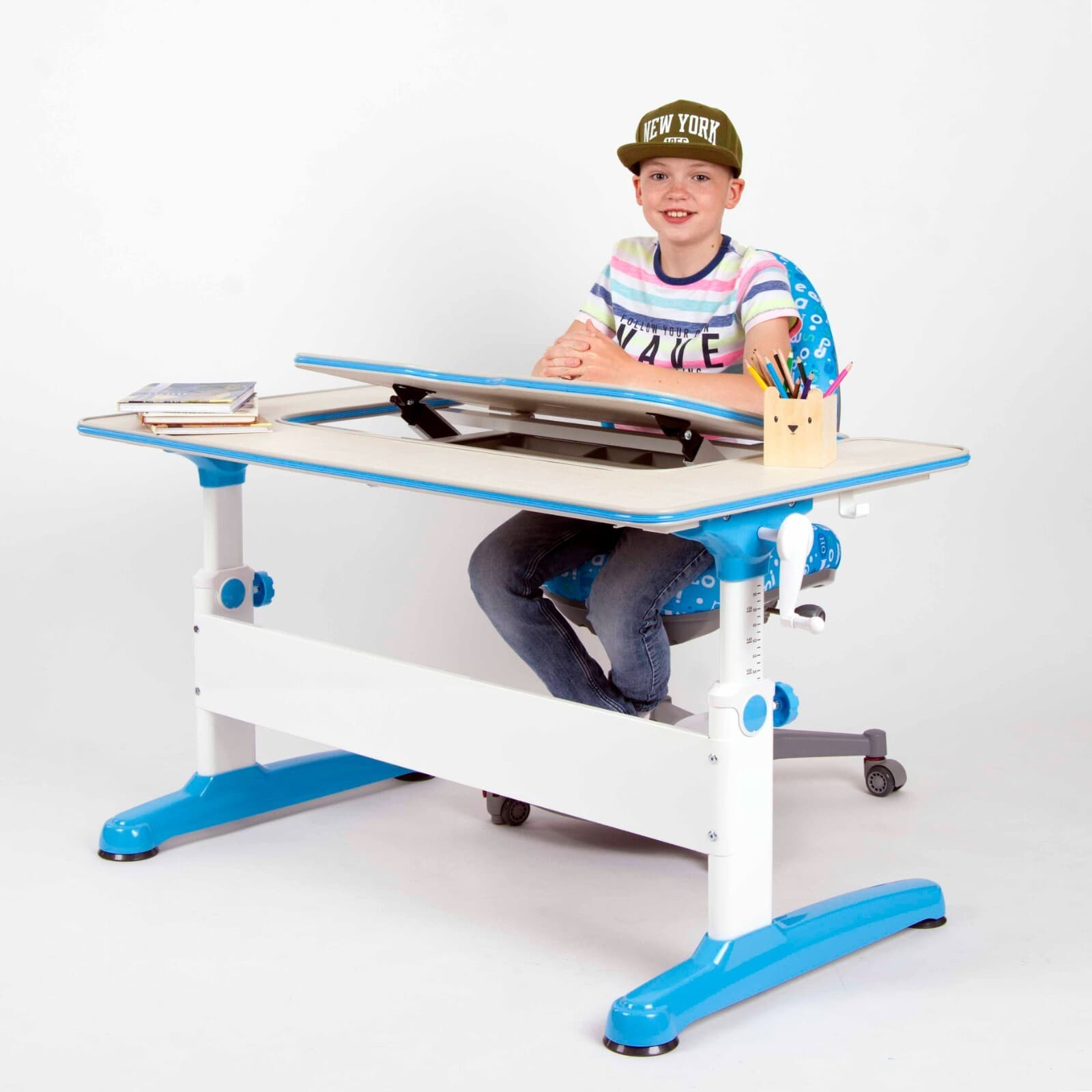 Ergonomic U-Shaped Desk Top – Adjustable Kids Desk, White/Oak/Blue, Spacious & M - Thumbnail 4