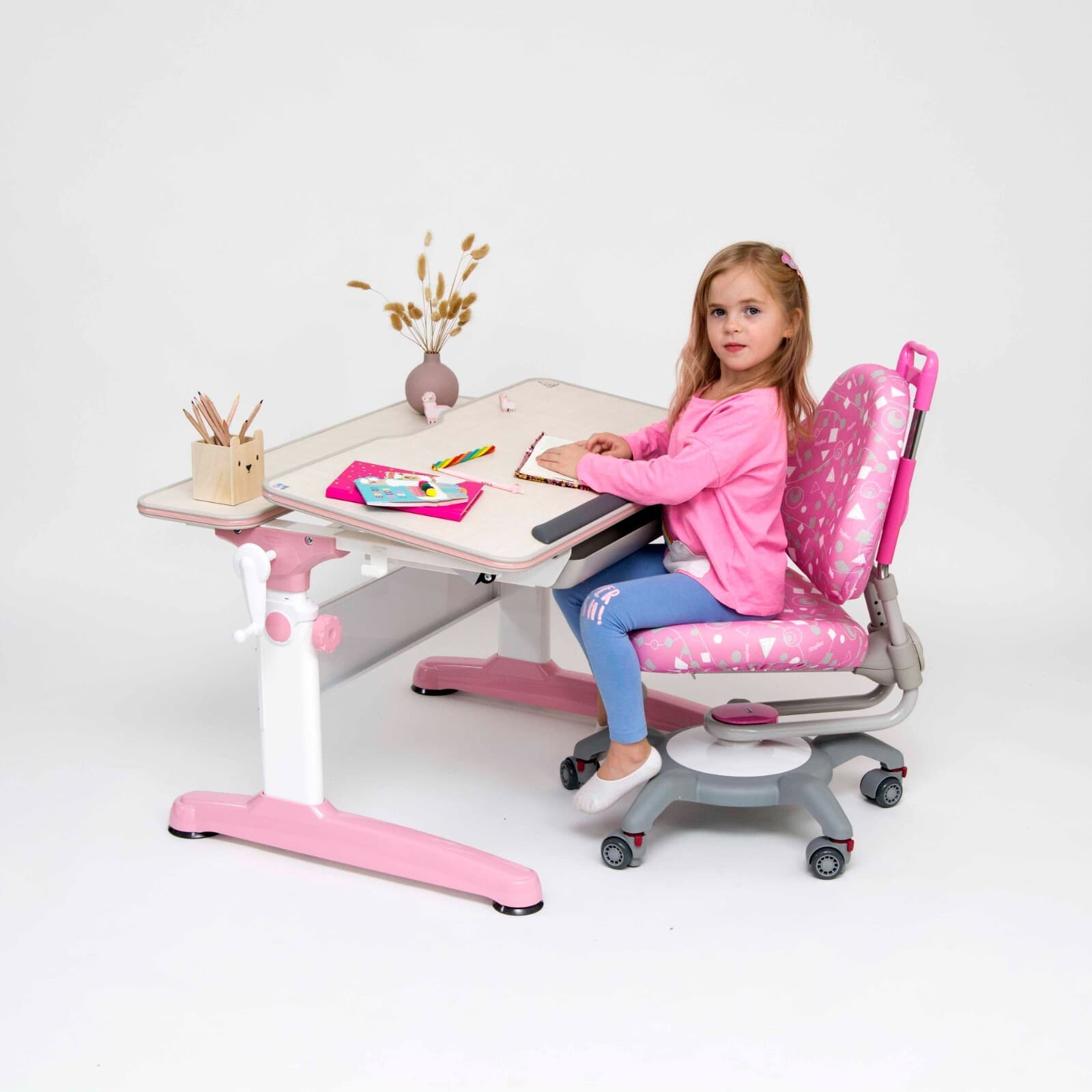 Ergonomic U-Shaped Desk Top – Adjustable Kids Desk, White/Oak/Pink, Spacious & S - Thumbnail 2
