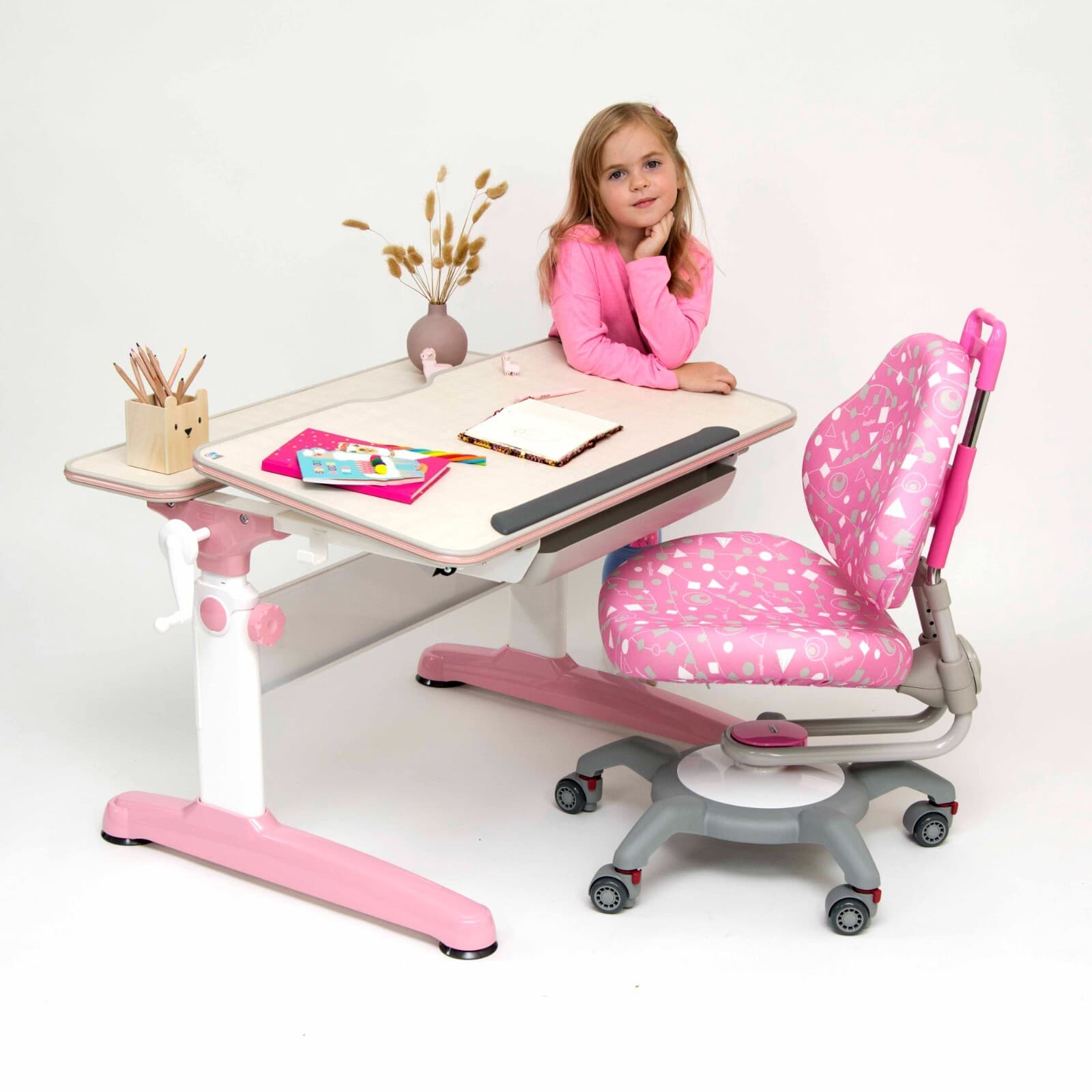 Ergonomic U-Shaped Desk Top – Adjustable Kids Desk, White/Oak/Pink, Spacious & S - Thumbnail 4