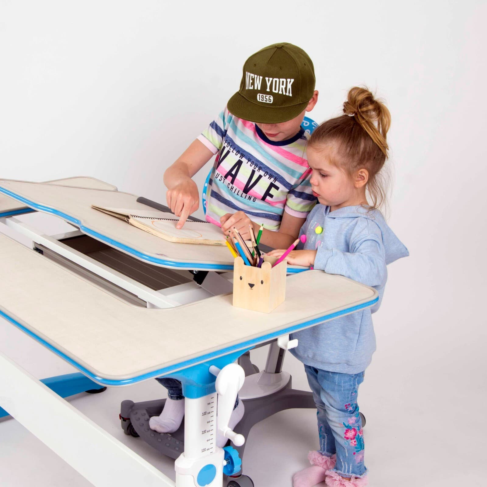 Ergonomic U-Shaped Desk Top – Adjustable Kids Desk, White/Oak/Blue, Spacious & M - Thumbnail 3
