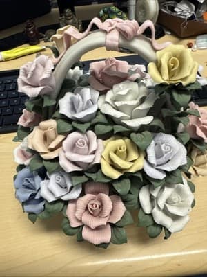 Hand Crafted Ceramic Roses Flower Basket, Home Décor, Albert E.Price - Thumbnail 2