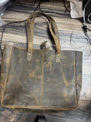 KomalC Leather Tote Bag Large Brown Distressed Shoulder 15 Travel Business - Image 1