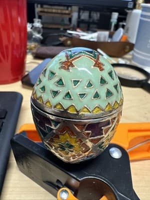 Vintage Fabrege Style Egg Trinket Box, Cloisonne Enameled Jewelry Box - Image 1