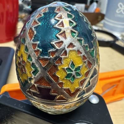 Vintage Fabrege Style Egg Trinket Box, Cloisonne Enameled Jewelry Box - Thumbnail 2