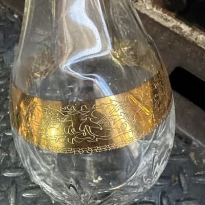 European cut crystal decanter art glass unsigned arched panels gold trim 12in - Thumbnail 2