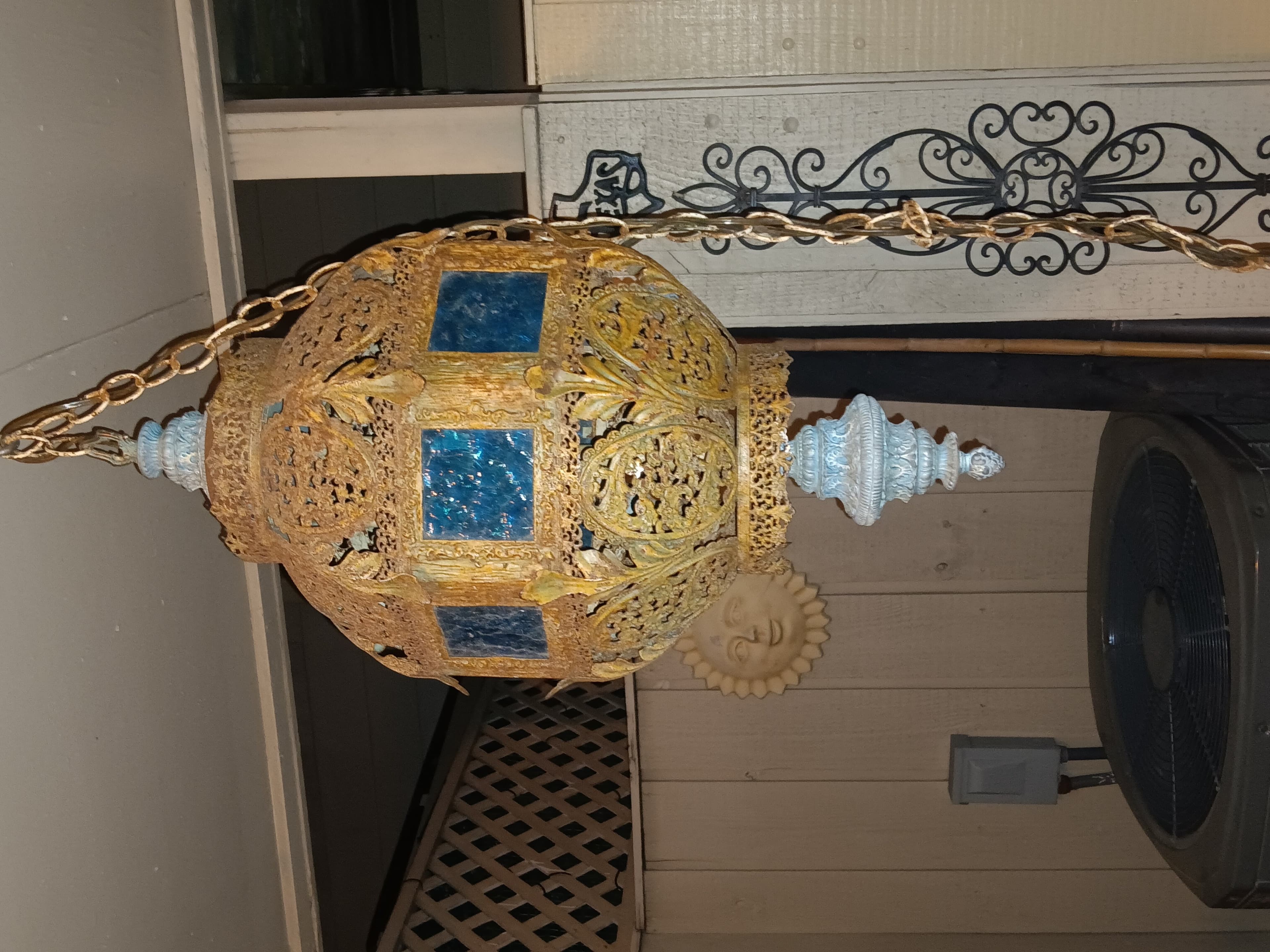 Vintage Moroccan Hanging Lantern with Blue Glass Panels - Image 1