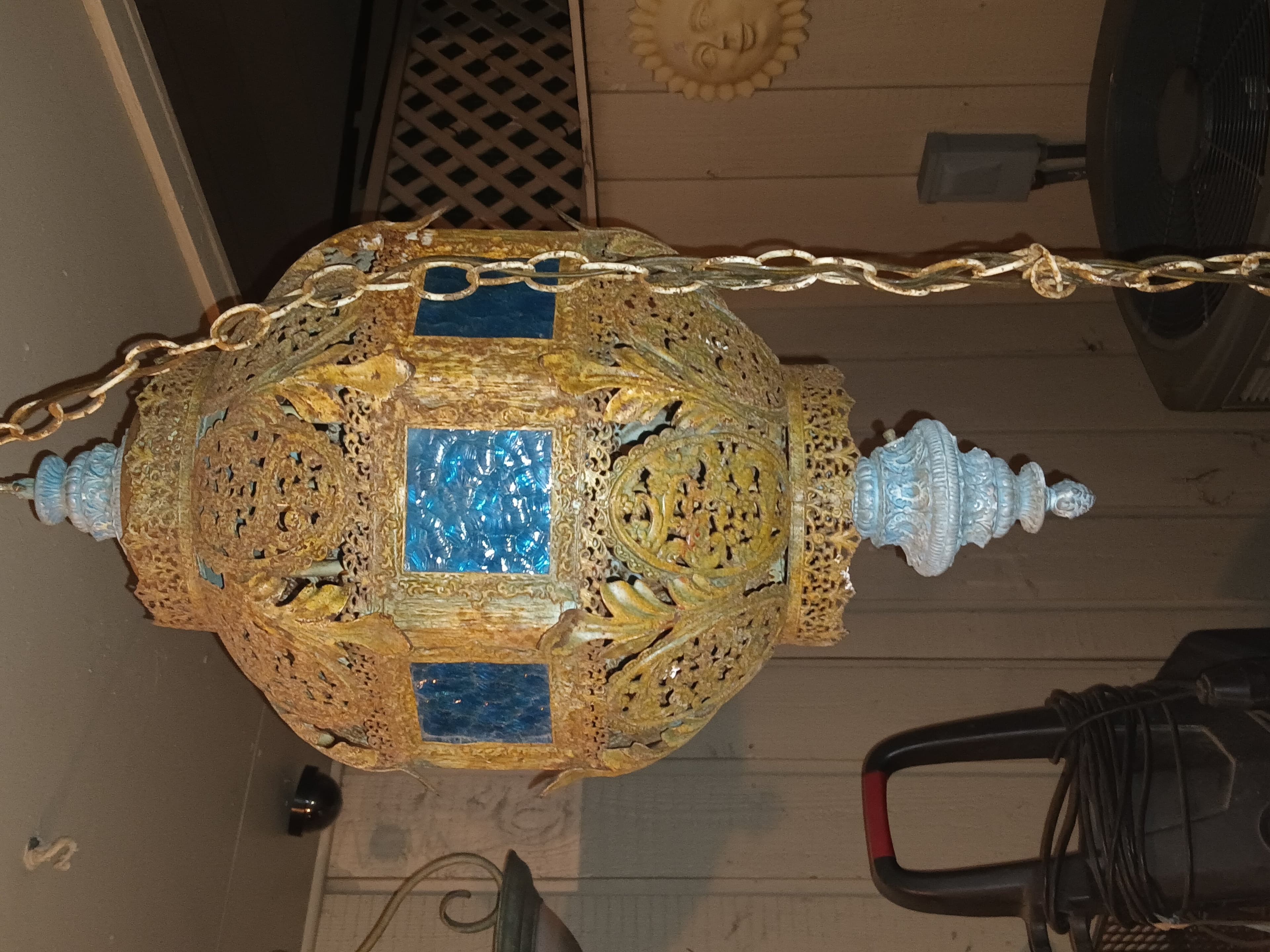 Vintage Moroccan Hanging Lantern with Blue Glass Panels - Thumbnail 2