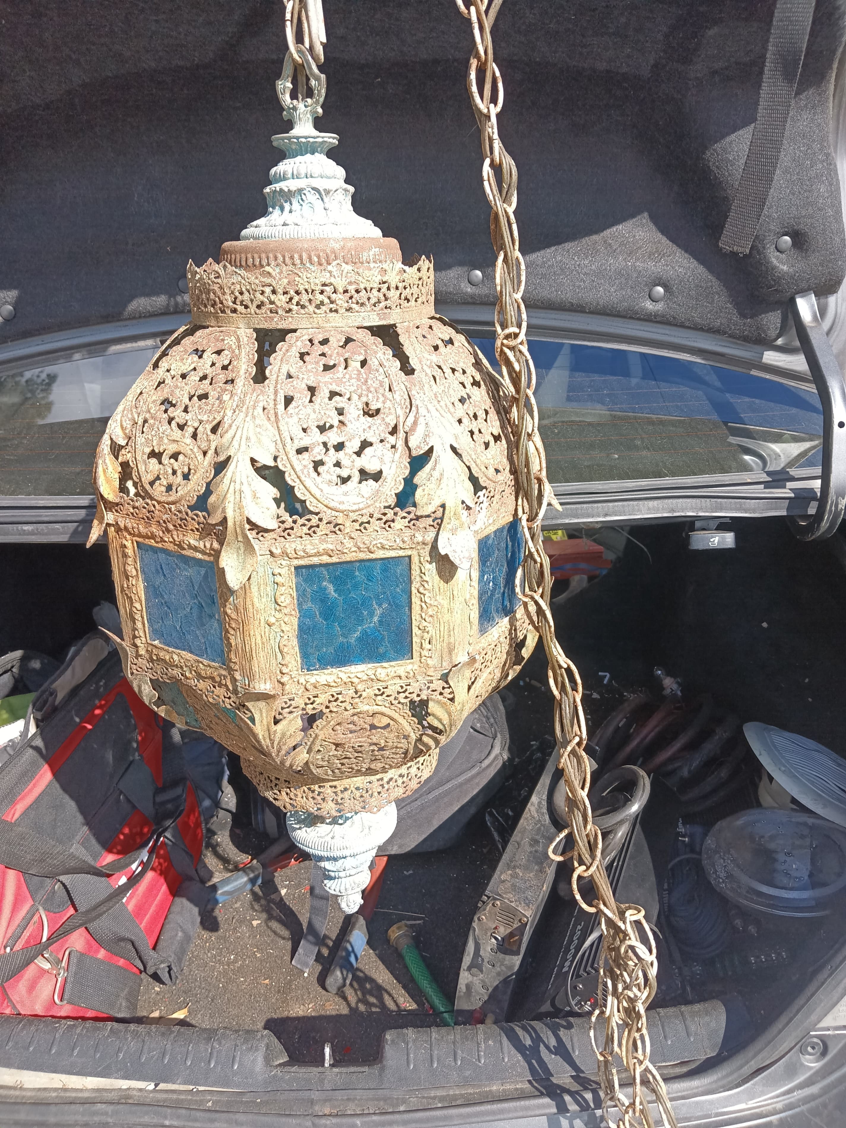 Vintage Moroccan Hanging Lantern with Blue Glass Panels - Thumbnail 4