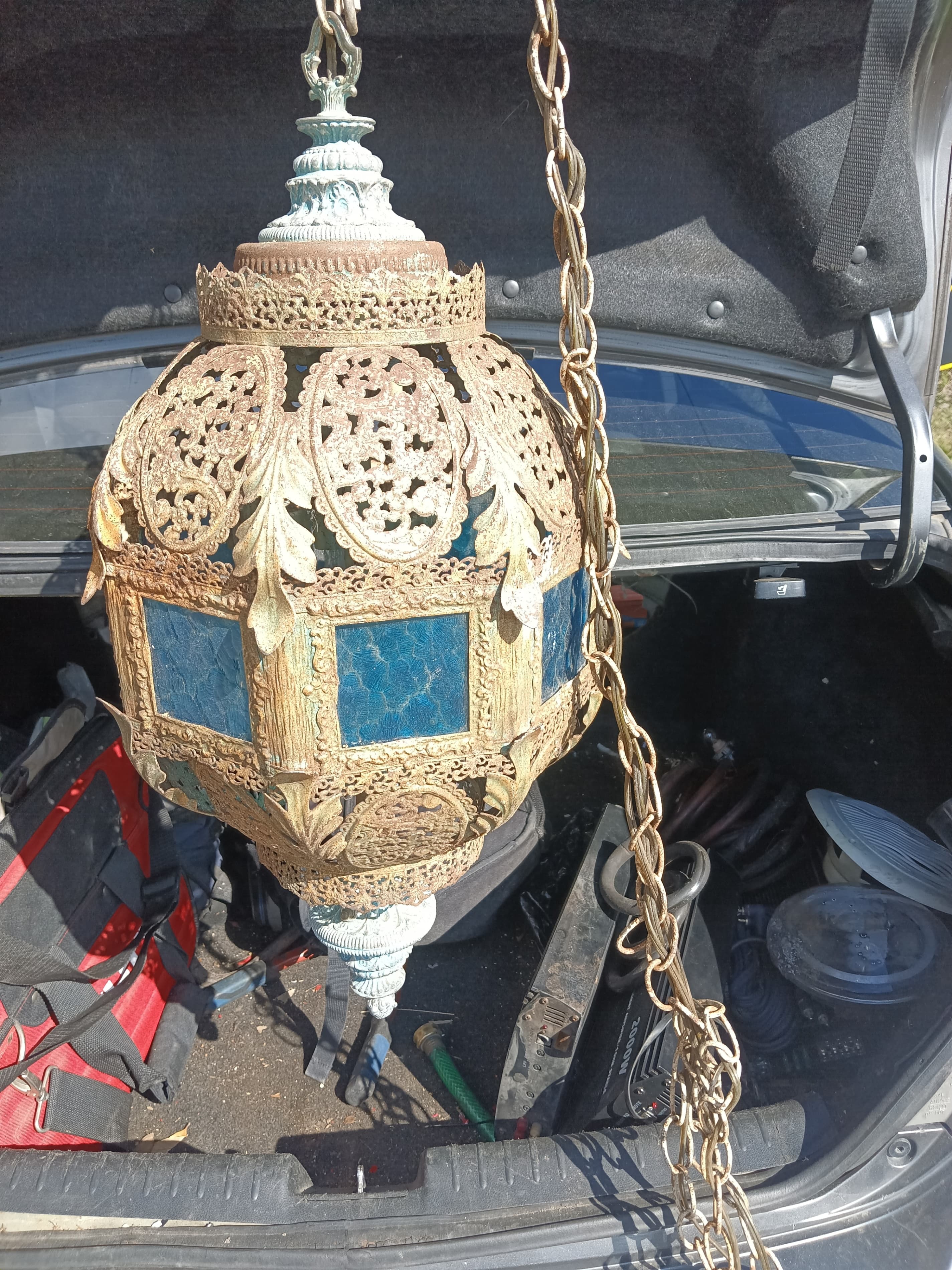 Vintage Moroccan Hanging Lantern with Blue Glass Panels - Thumbnail 3