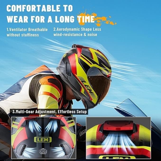 LEM Full Face Motorcycle Helmet Adult Med. DOT Lightweight Fiberglass Yellow Red - Thumbnail 2