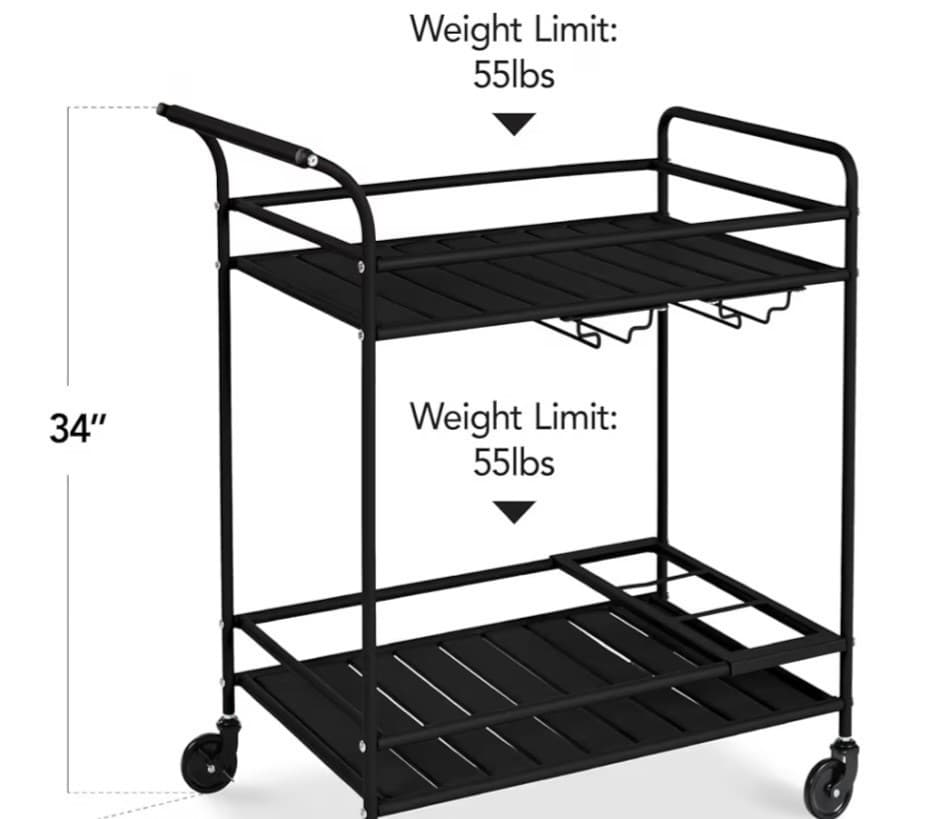 Best Choice Rolling Bar Cart, Serving Station 2-Shelf W/ Wine Rack Black Metal - Thumbnail 2
