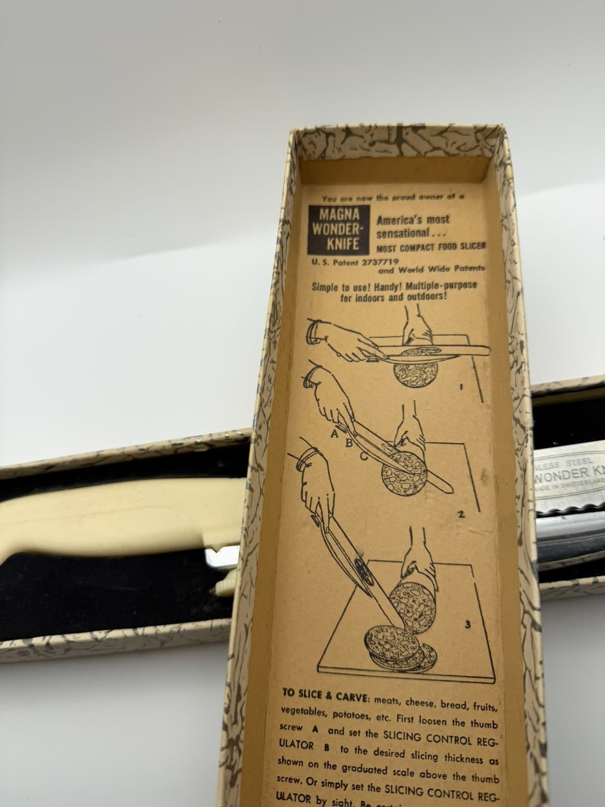 Vtg 1960’s Deluxe Adjustable MAGNA-WONDER KNIFE Compact Food Slicer Orginal Box - Thumbnail 5