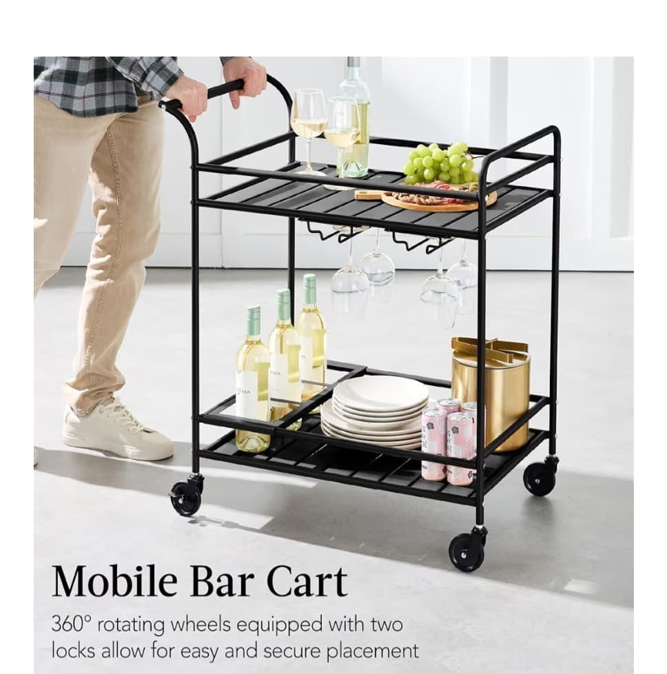 Best Choice Rolling Bar Cart, Serving Station 2-Shelf W/ Wine Rack Black Metal - Thumbnail 5