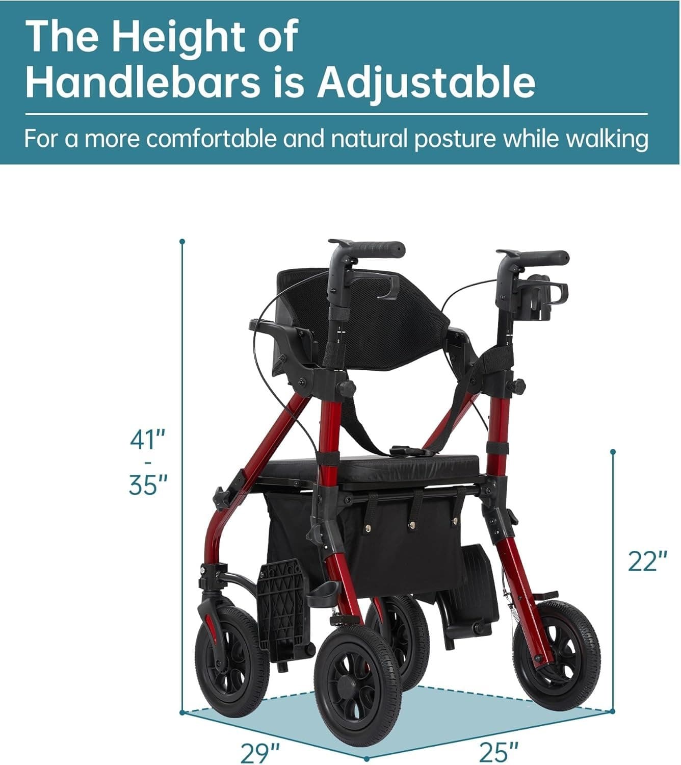 Elenker All Terrain 2 in 1 Rollator Walker & Transport Wheelchair HFK-9269D Red - Thumbnail 2