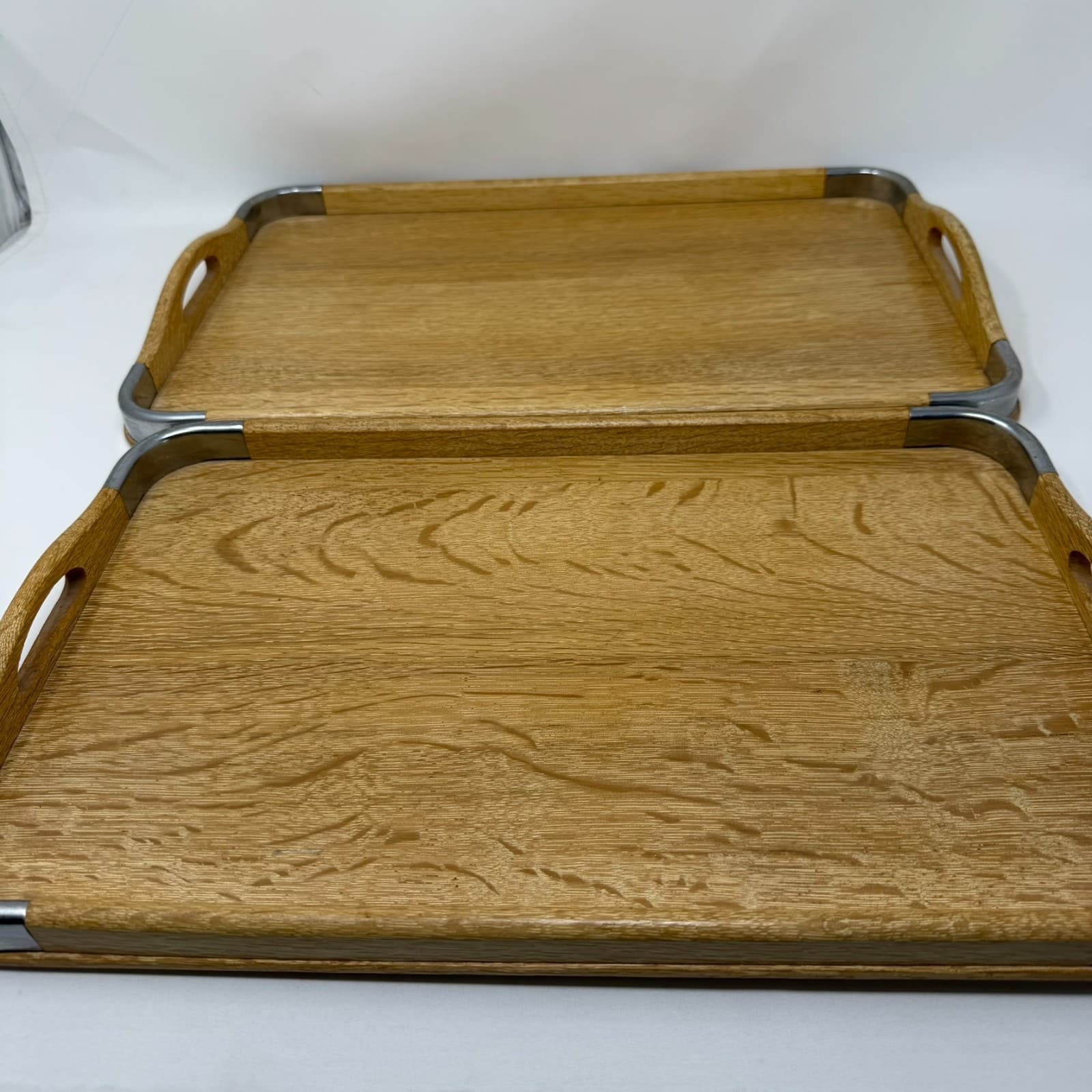 Vintage MCM Loro Line Wood and Metal Nesting Trays 2 Pc Made In Occupied Japan - Thumbnail 3