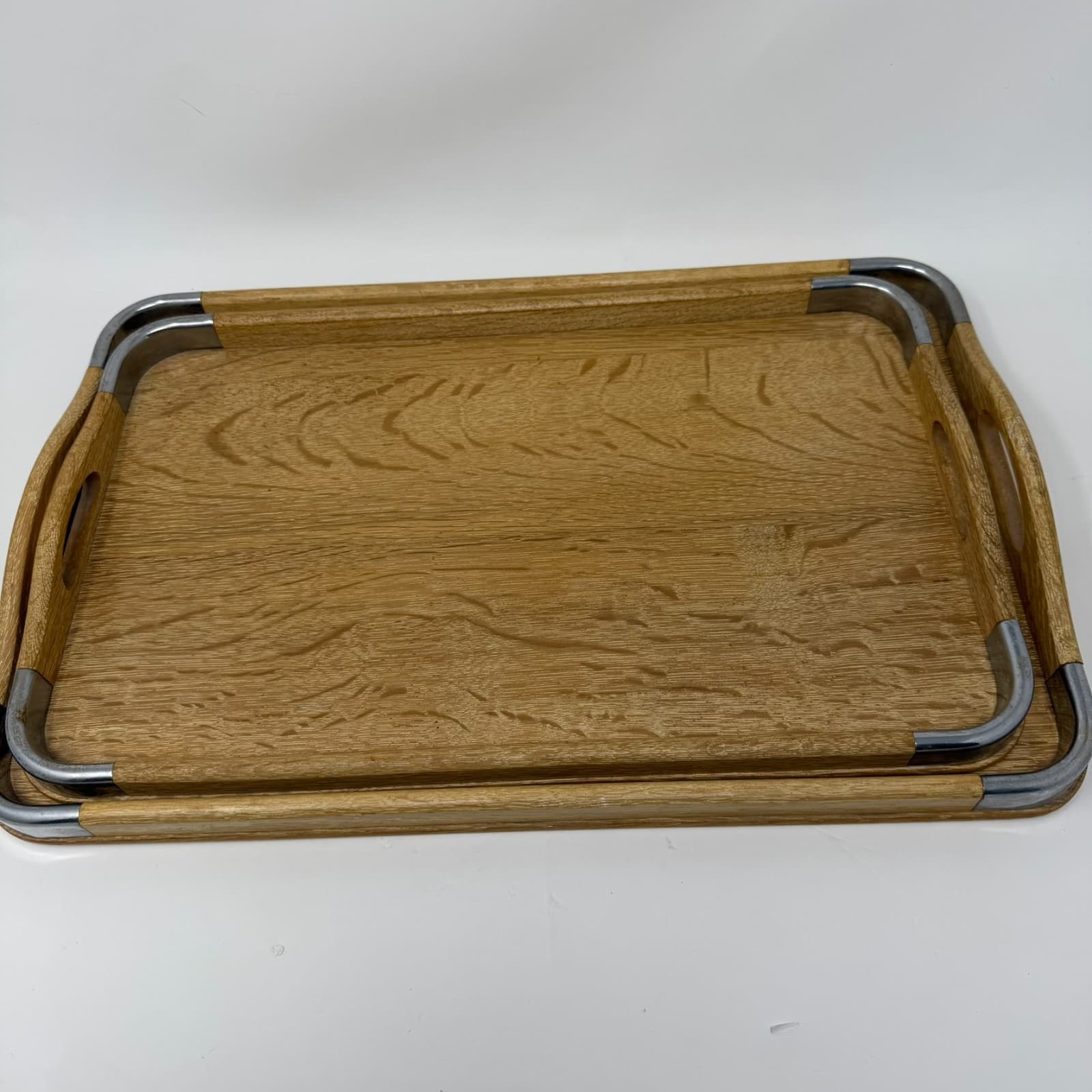 Vintage MCM Loro Line Wood and Metal Nesting Trays 2 Pc Made In Occupied Japan - Thumbnail 2