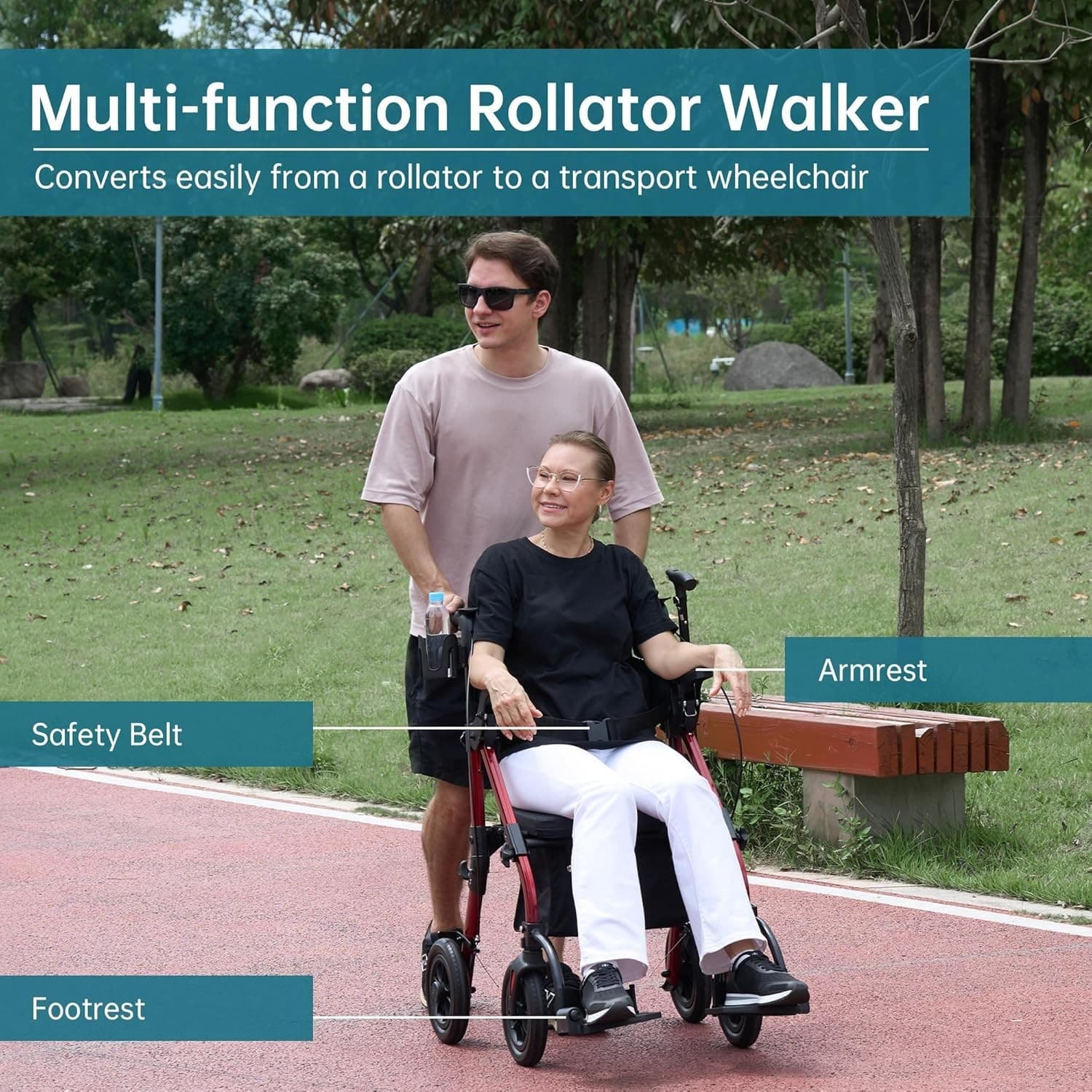 Elenker All Terrain 2 in 1 Rollator Walker & Transport Wheelchair HFK-9269D Red - Thumbnail 6