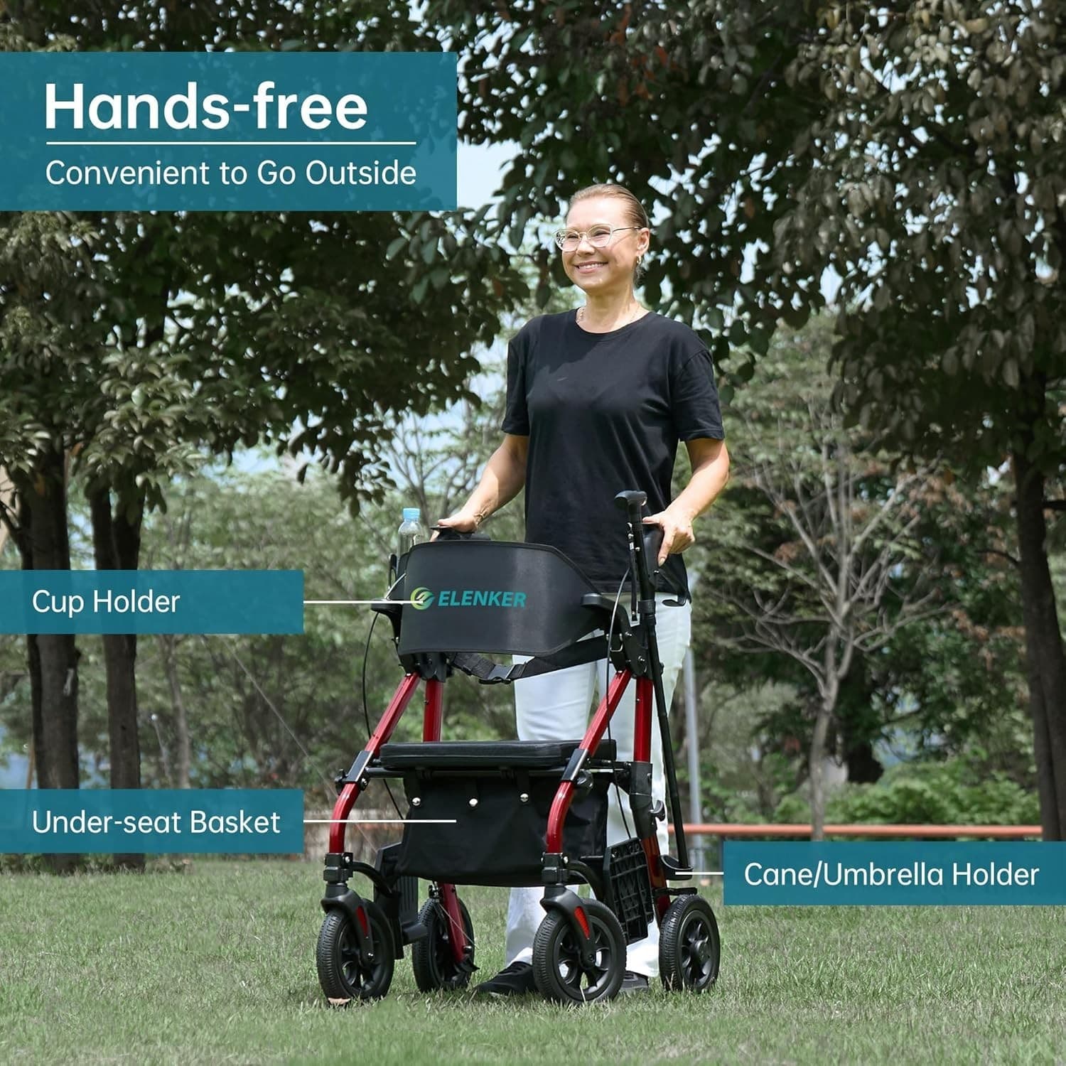 Elenker All Terrain 2 in 1 Rollator Walker & Transport Wheelchair HFK-9269D Red - Thumbnail 5