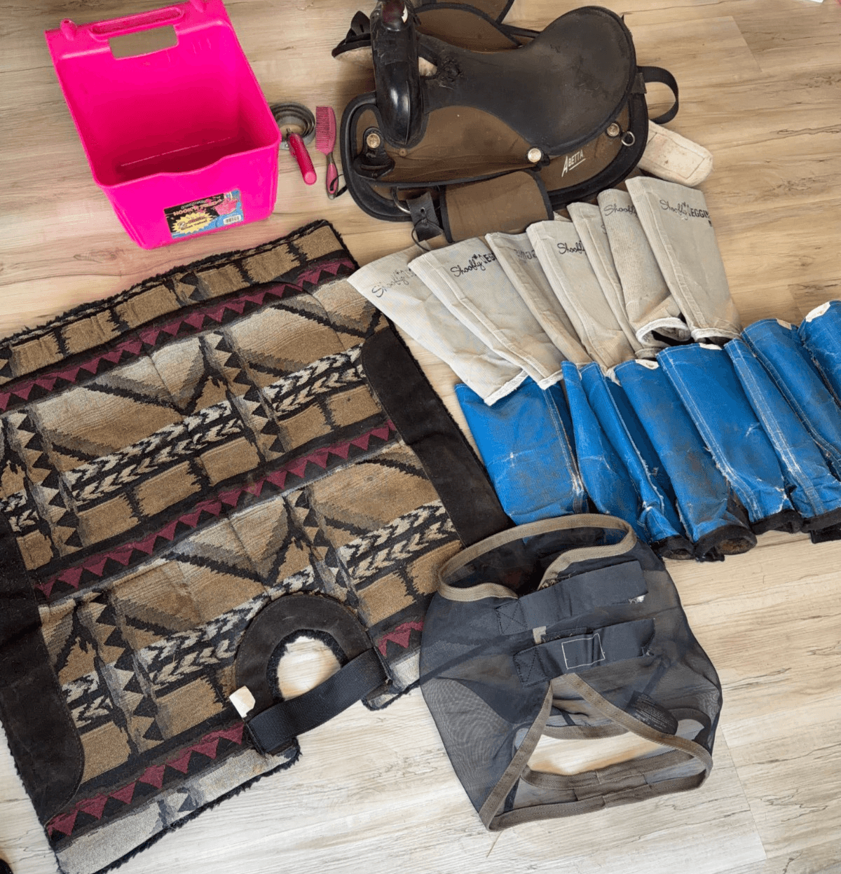 Used Horse Tack Lot- Abetta Saddle Tuffy Pad Cinch Hook N Feed Tools Shoofly Leg
