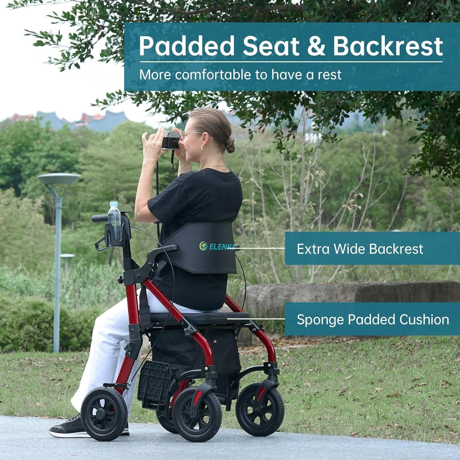 Elenker All Terrain 2 in 1 Rollator Walker & Transport Wheelchair HFK-9269D Red - Thumbnail 4