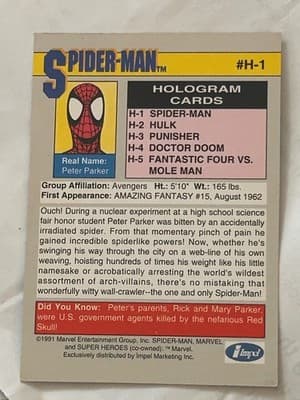 Marvel Hologram Cards Set H1-H5 Spider-Man Hulk Punisher Doctor Doom Mole Man - Thumbnail 3