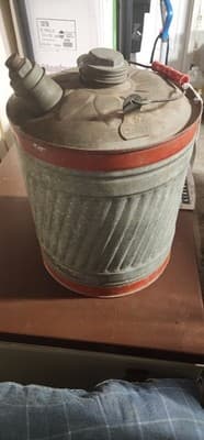 Vintage Galvanized Metal Gas / Kerosene Can, Caps Red Trim - Image 1