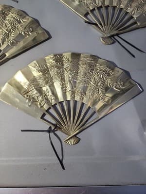 Set of Vintage Brass Wall Hanging Fans with Dragon Motif - Thumbnail 2