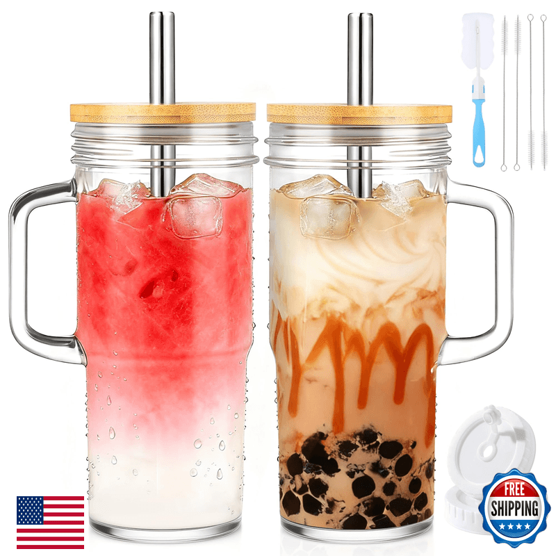 Birity 24Oz Glass Cups Lids And Strawsglass Tumbler Handle2 Setreusable Glass - Image 1