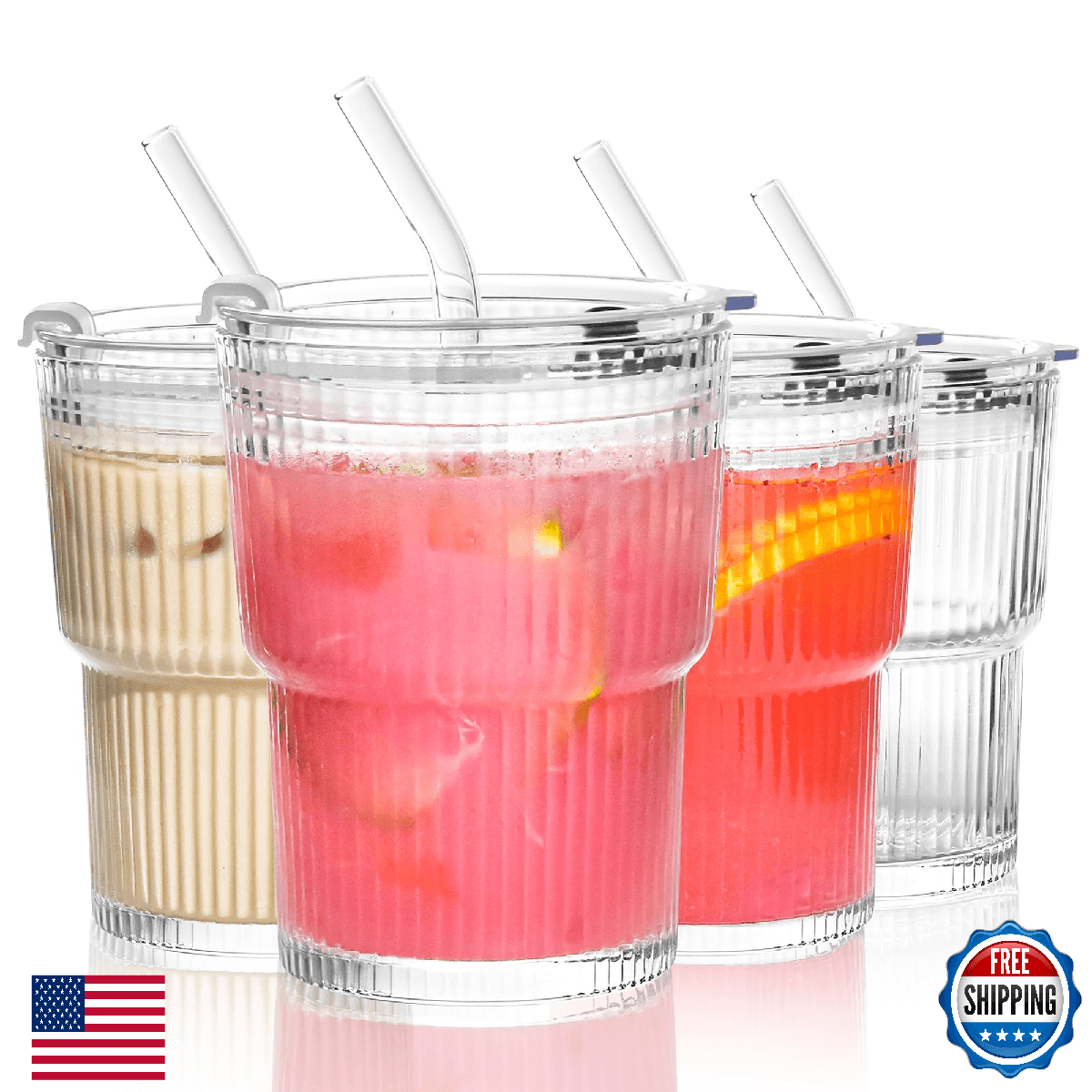 Icesip 13oz Glass Tumbler with Lids and Straws Ribbed Drinking Glasses Cup Leak - Image 1