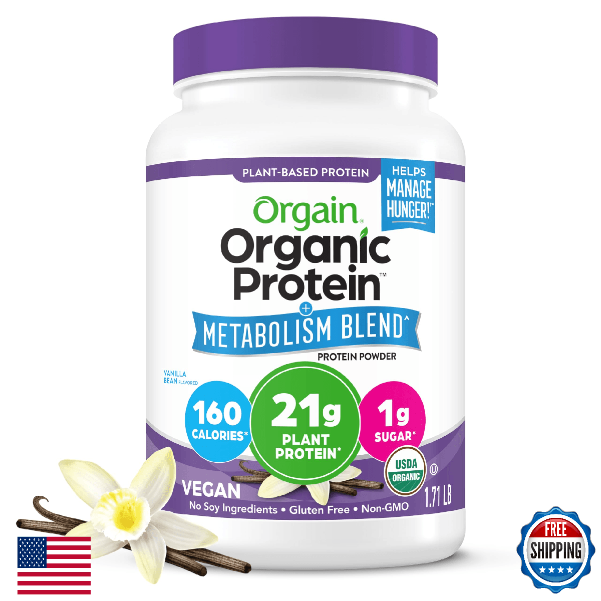 Orgain Organic Protein + Metabolism Blend Powder, Vanilla Bean - 21g Plant Prote - Image 1
