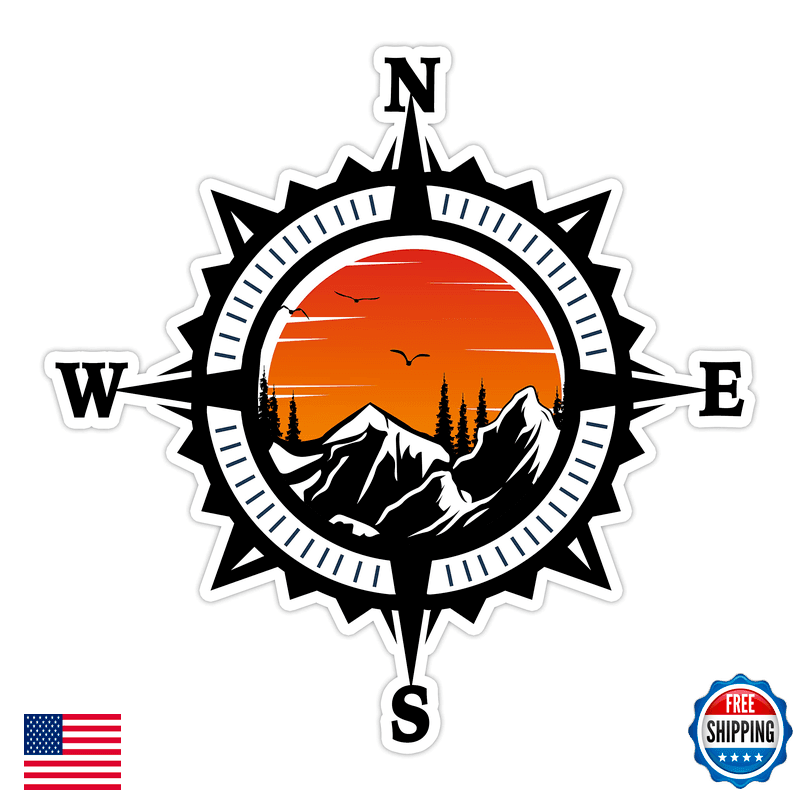 Black Diamond Art Compass Trees Mountain Sunset Sticker For Car Vinyl Decal - Image 1