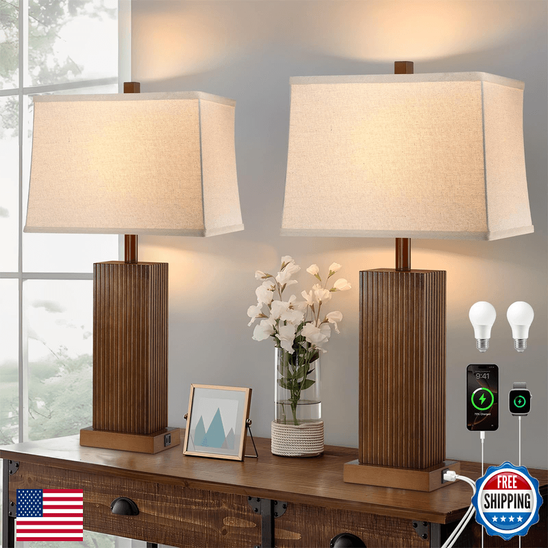 Lovlast 27.5 Wood Table Lamps Set Of 2 Modern Farmhouse Bedroom Lamp For - Image 1