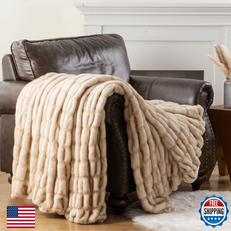 Battilo Luxury Rabbit Faux Fur Throw Blanket For Couch Soft Fluffy Ruched Fur - Image 1