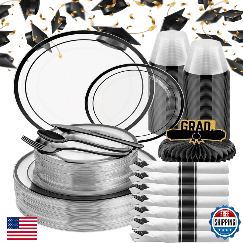 Goodluck 350 Piece Black Plastic Plates Clear Plastic Silverware Disposable - Image 1