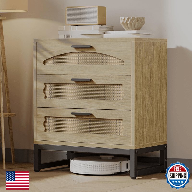 Mericonia 3 Drawer Rattan Dresser For Bedroom Wood Dresser For Closet Metal - Image 1