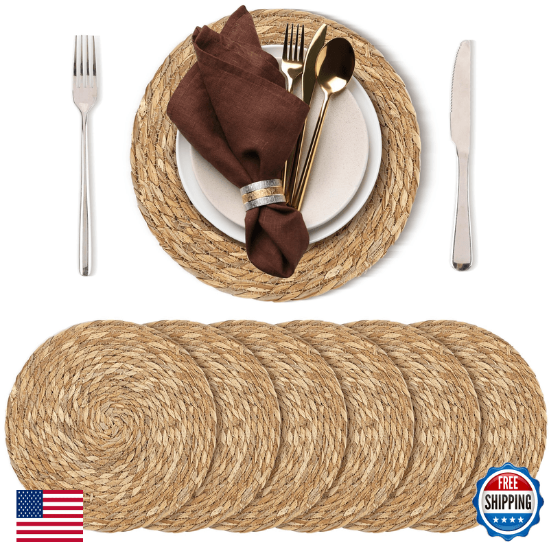 Kochorie Set Of 6 Round Woven Placemats - 12 Inch Natural Boho Rattan Wicker - Image 1