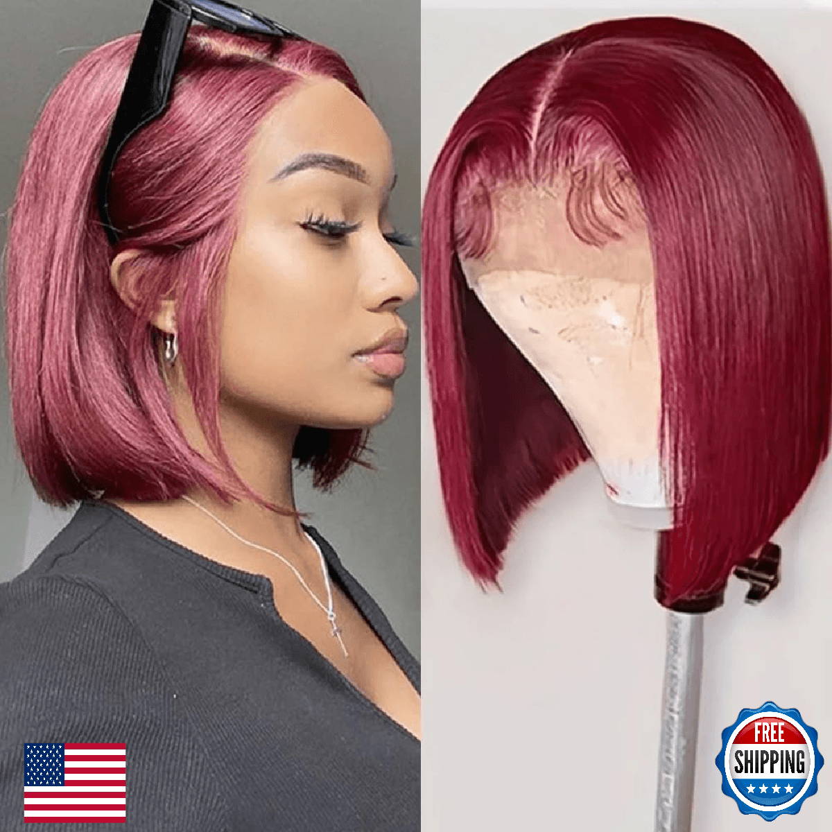 99J Burgundy Bob Wig Human Hair 8 Inch 13X4 HD Transparent 99j Burgundy Bob Lace - Image 1