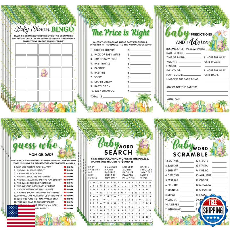 Jetec 302 Pcs Cute Dinosaur Theme Baby Shower Games 6 Games 50 Sheets Each - Image 1